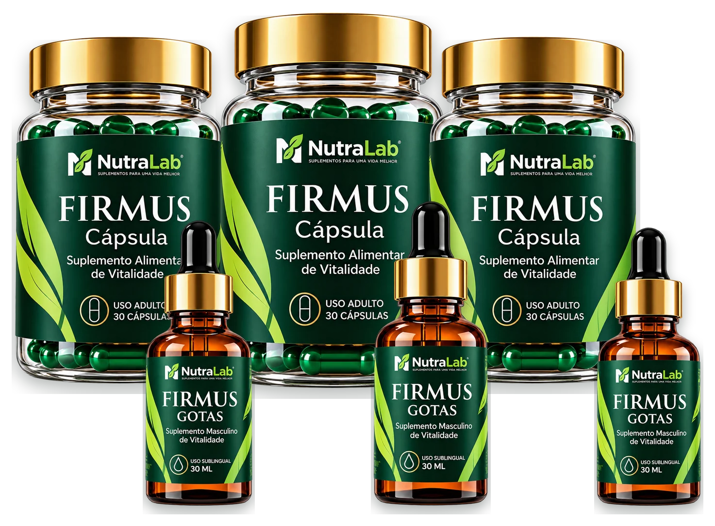 Kit Firmus de 6 meses com 3 potes de cápsulas e 3 frascos de gotas